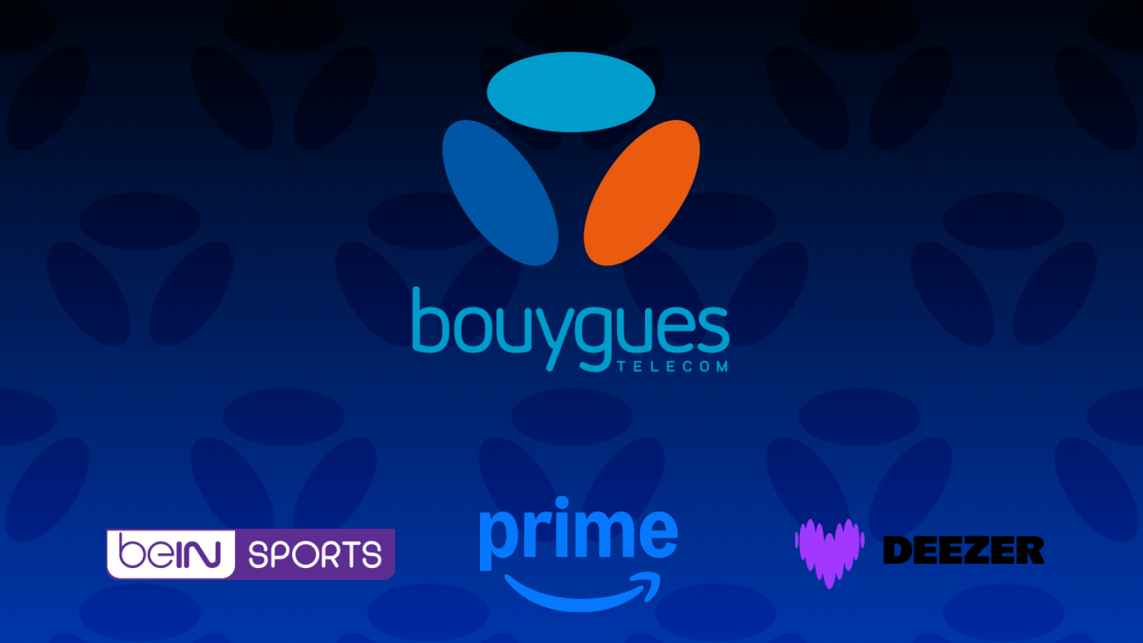 Visuel promotionnel des forfaits B&You 5G avec les logos d'Amazon Prime, Deezer et beIN SPORTS, symbolisant le choix des services inclus.