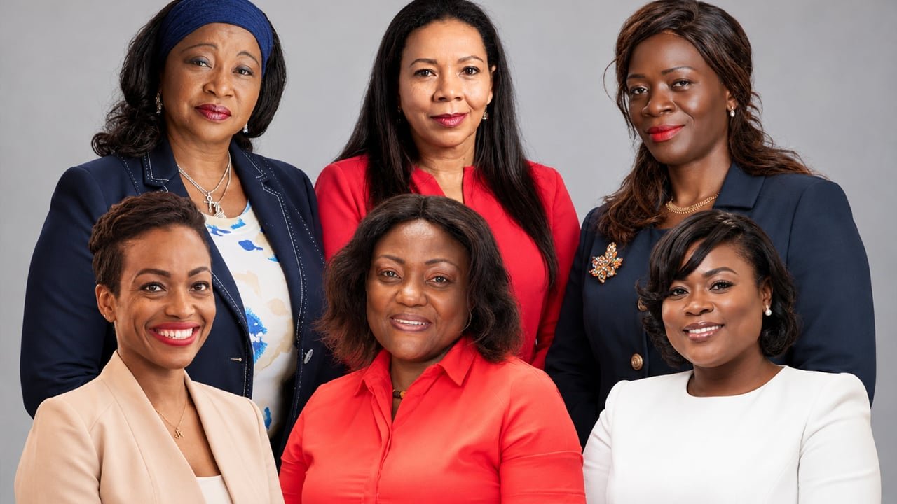 Six femmes entrepreneures camerounaises, dont Kate Fotso, Rebecca Enonchong, Alvine Tiwoda, Carole Epée, Elysée Bogning Deumany et Nathalie Lum, souriantes et déterminées, illustrant leur rôle clé dans l'économie du Cameroun.