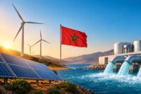 صورة تعبيرية لمزيج من توربينات الرياح وألواح الطاقة الشمسية ومحطات تحلية المياه في المغرب، ترمز للسيادة الطاقية والمائية.