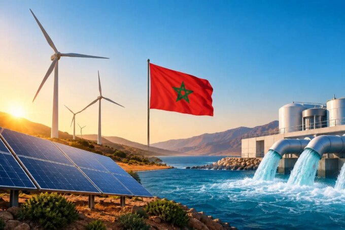 المغرب يعزز سيادته الطاقية والمائية: 52% كهرباء نظيفة و1.8 مليار م³ مياه محلاة بحلول 2031 7 صورة تعبيرية لمزيج من توربينات الرياح وألواح الطاقة الشمسية ومحطات تحلية المياه في المغرب، ترمز للسيادة الطاقية والمائية.