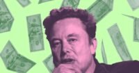 Illustration of SpaceX rocket with a child's silhouette and a 'Trump Accounts' logo in the background, symbolizing Elon Musk's stock giveaway.