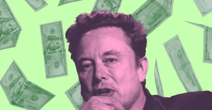 Illustration of SpaceX rocket with a child's silhouette and a 'Trump Accounts' logo in the background, symbolizing Elon Musk's stock giveaway.