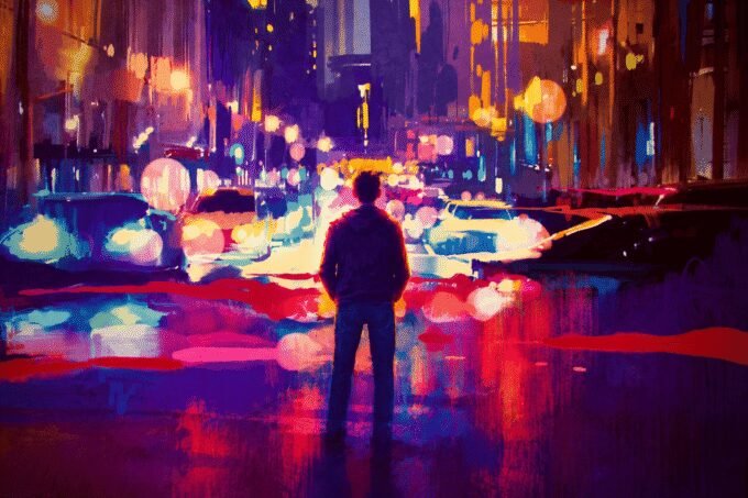 A serene park scene with bare feet on grass, contrasting with the chaos of a car accident, symbolizing peace found in presence.