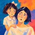 A parent and child looking at their reflections in a mirror, symbolizing inherited traits and self-discovery in parenting.