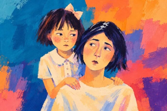 A parent and child looking at their reflections in a mirror, symbolizing inherited traits and self-discovery in parenting.
