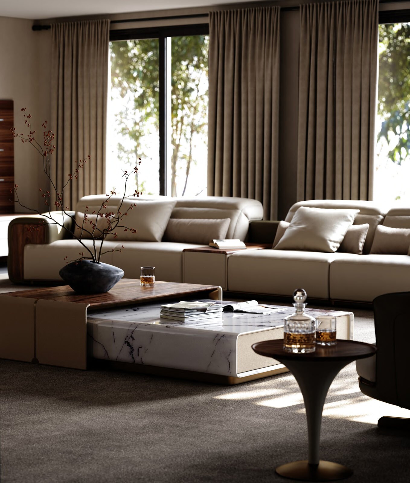 Eureka Ergonomic Arundel Collection modular sofa with warm walnut, tobacco leather, and ivory upholstery, showcasing visible seams.