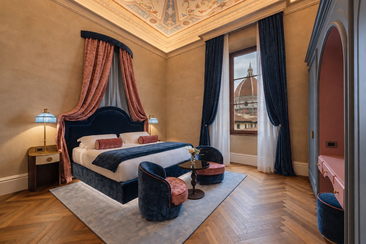 Elegant interior of Palazzo Sogni in Florence, showcasing a blend of historic frescoes and modern bespoke furniture.