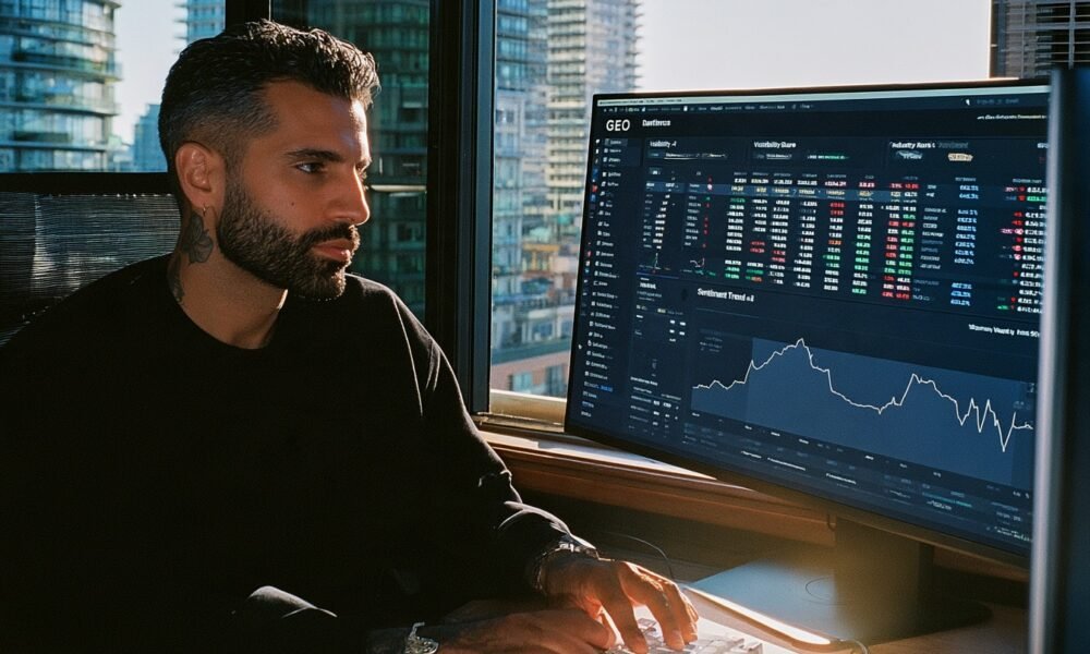Dashboard showing GEO metrics including visibility share, industry rank, and sentiment trend over 90 days, illustrating comprehensive AI search performance tracking.