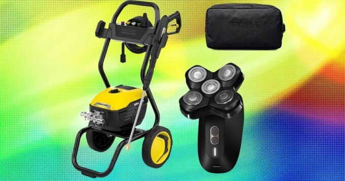 A collection of sophisticated gifts for men, including a sleek pepper grinder, a professional chef's knife, a modern laser distance measure, and a rugged tactical toiletry bag.