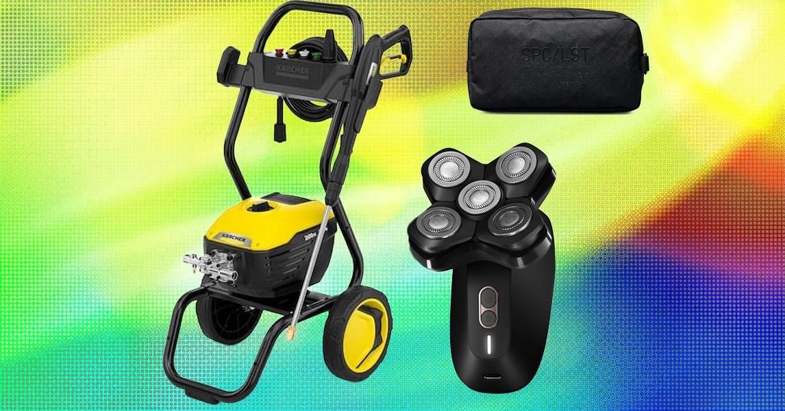 A collection of sophisticated gifts for men, including a sleek pepper grinder, a professional chef's knife, a modern laser distance measure, and a rugged tactical toiletry bag.
