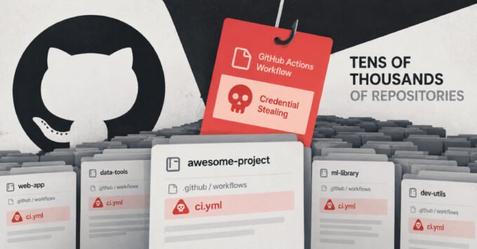 Illustration of a lock icon over a GitHub logo, symbolizing a cybersecurity threat to GitHub repositories and open-source projects.