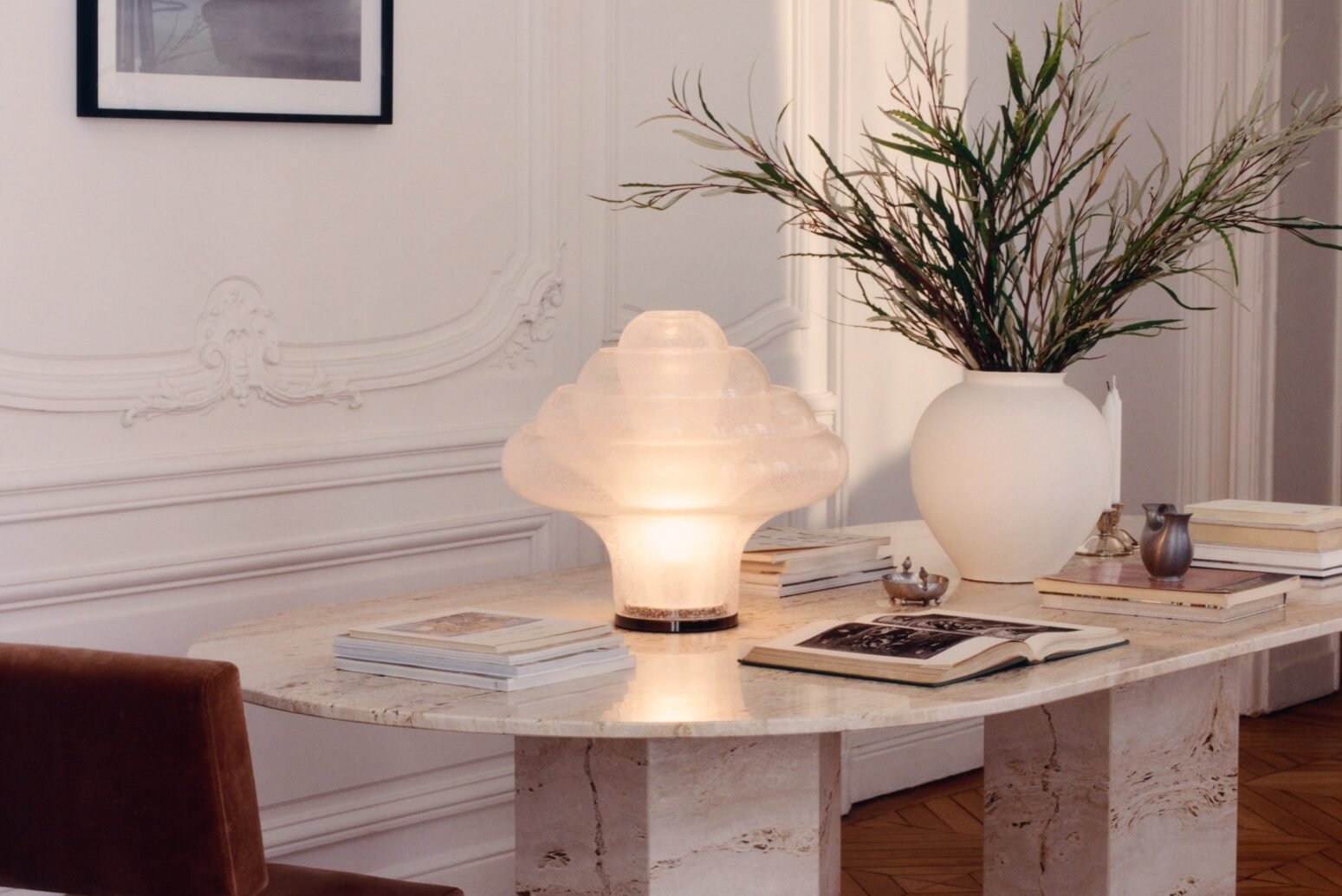 Gubi Lotus Table Lamp, a sculptural design by Carlo Nason, featuring layered Murano glass shades