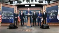 Vice President JD Vance speaks at a press conference regarding a federal investigation into the H-1B visa program.