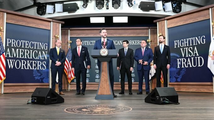 Vice President JD Vance speaks at a press conference regarding a federal investigation into the H-1B visa program.