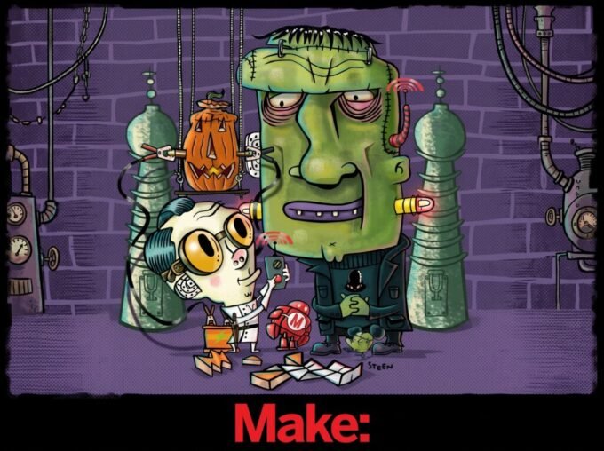 Crafting Halloween Magic: A Deep Dive into Make: Editorial's Spooktacular Creations 9 A collection of elaborate Halloween DIY projects including glowing devil horns, a giant skeleton marionette, and a pumpkin-carving robot.