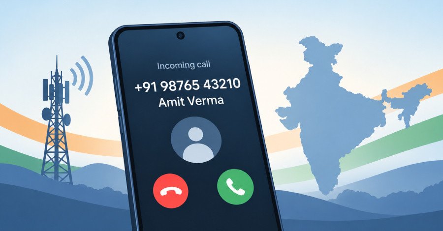 A smartphone screen displaying an incoming call with a registered caller name, symbolizing India's new caller ID mandate.