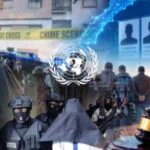 Une image symbolisant la sécurité et la lutte contre le terrorisme, avec un drapeau marocain en arrière-plan et des éléments de surveillance ou de justice.