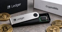 Illustration of a Ledger hardware wallet with a magnifying glass highlighting a suspicious implant, symbolizing a security breach.