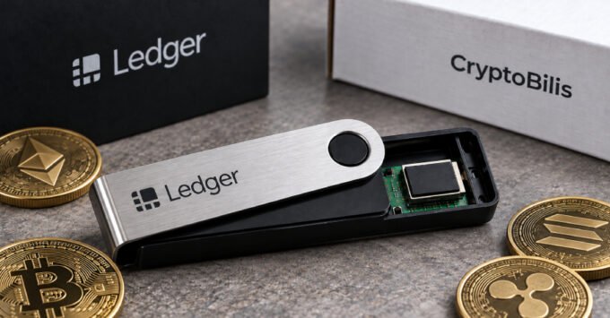 Illustration of a Ledger hardware wallet with a magnifying glass highlighting a suspicious implant, symbolizing a security breach.