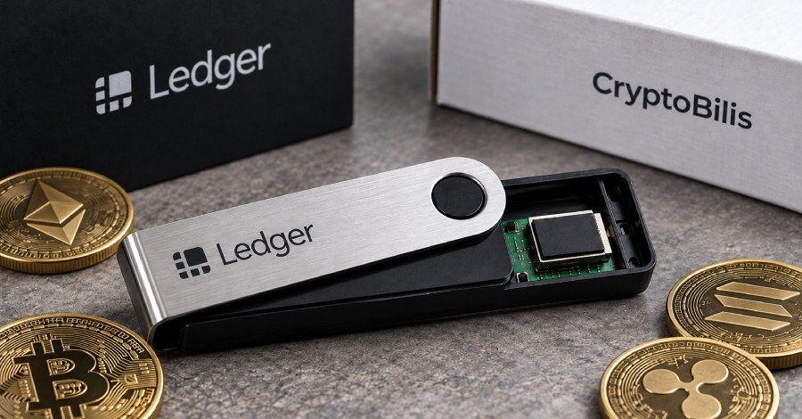 Illustration of a Ledger hardware wallet with a magnifying glass highlighting a suspicious implant, symbolizing a security breach.