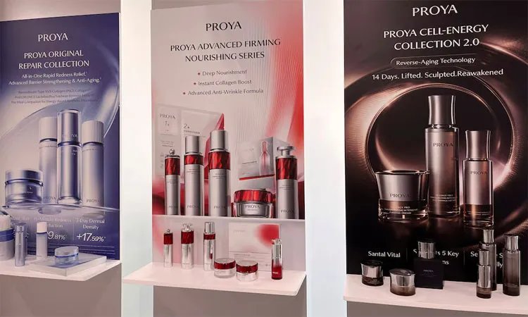 Produits de beauté chinois des marques Proya, Florasis et Judydoll, symbolisant leur expansion mondiale.