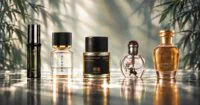 Flacons de parfum aux designs modernes et asiatiques, avec des éléments floraux et des textures naturelles en arrière-plan, symbolisant l'innovation et l'élégance de la parfumerie asiatique émergente.