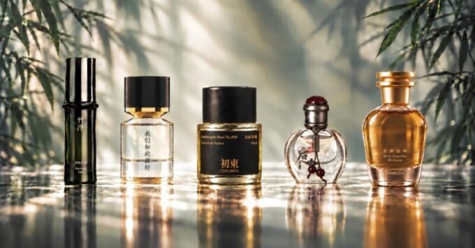 Flacons de parfum aux designs modernes et asiatiques, avec des éléments floraux et des textures naturelles en arrière-plan, symbolisant l'innovation et l'élégance de la parfumerie asiatique émergente.