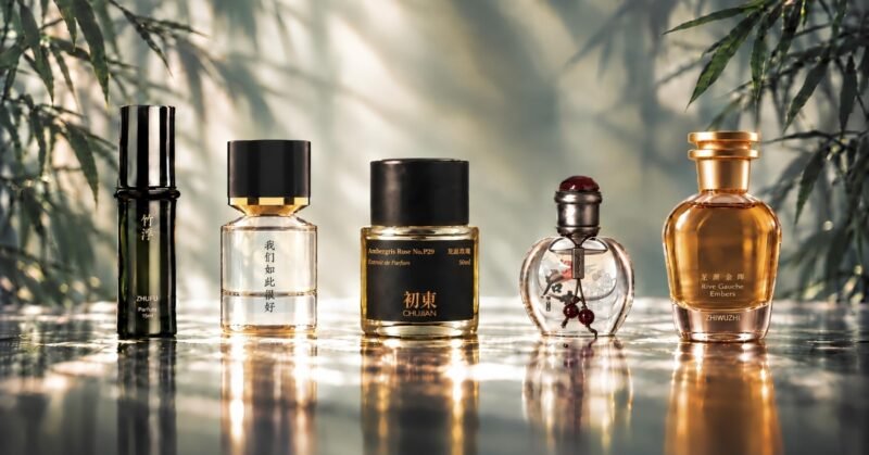 Flacons de parfum aux designs modernes et asiatiques, avec des éléments floraux et des textures naturelles en arrière-plan, symbolisant l'innovation et l'élégance de la parfumerie asiatique émergente.