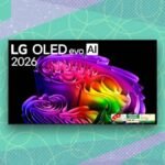A sleek, thin-bezel 65-inch LG Evo C6 OLED TV displaying vibrant 4K content in a modern living room setting.
