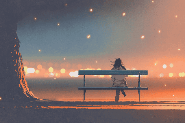 A person sitting alone at a bar, looking thoughtful, with a small dog nearby, symbolizing quiet independence and the search for connection.