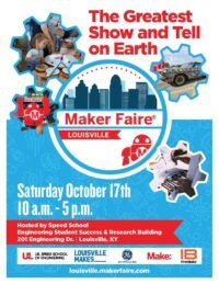 Attendees interacting with exhibits at the Louisville Maker Faire, showcasing diverse projects from robotics to crafts.