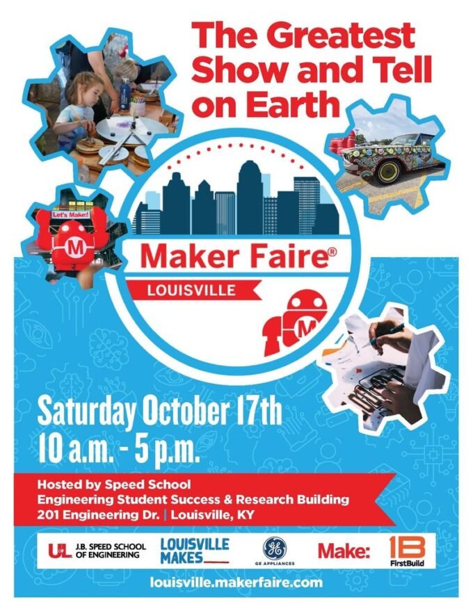 Attendees interacting with exhibits at the Louisville Maker Faire, showcasing diverse projects from robotics to crafts.