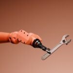 Humanoid robot arm interacting with data, symbolizing Mecka AI's work in training robots with human motion data.