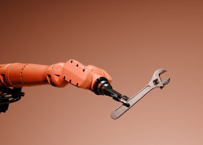 Humanoid robot arm interacting with data, symbolizing Mecka AI's work in training robots with human motion data.