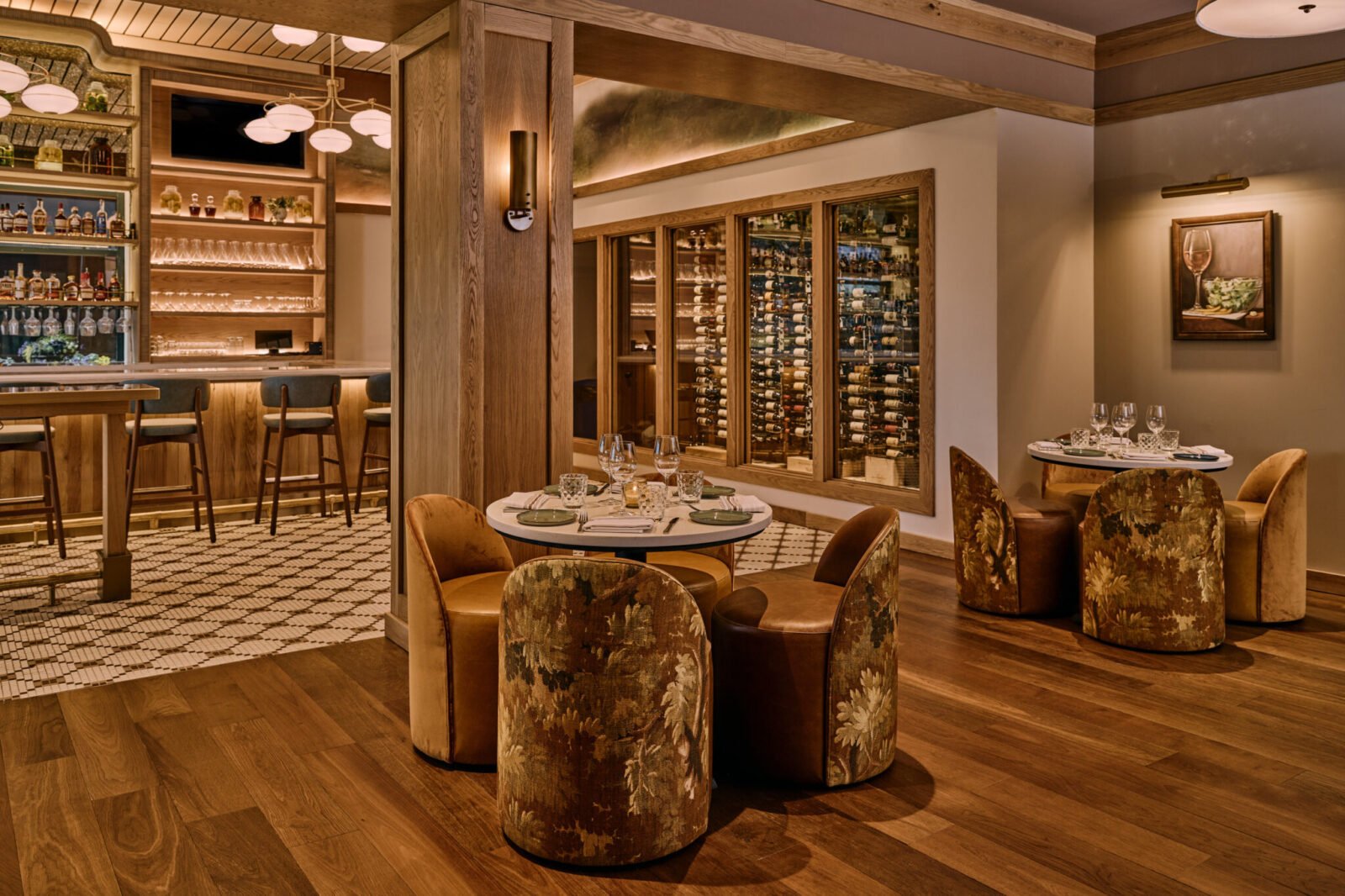 Interior view of Napa Bistro and Wine Bar Stonecrest in Charlotte, showing a blend of French bistro and Napa Valley farmhouse design elements.