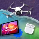 A vibrant composite image showcasing discounted tech products like Apple AirPods, Bose headphones, and an Amazon Kindle during Prime Day sales.