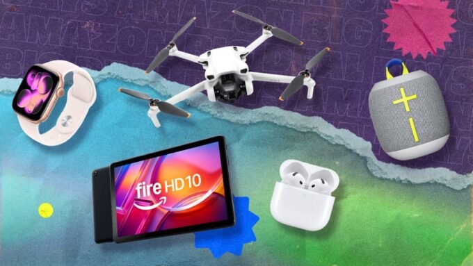 A vibrant composite image showcasing discounted tech products like Apple AirPods, Bose headphones, and an Amazon Kindle during Prime Day sales.