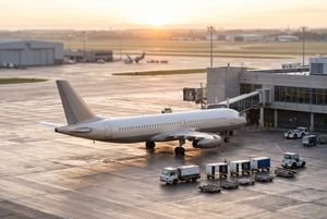 An airplane taking off or landing on time, symbolizing punctuality in air travel.