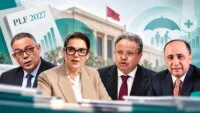 Illustration du financement de la protection sociale au Maroc, avec des éléments symbolisant le budget, la santé et l'aide sociale.