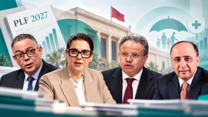 Illustration du financement de la protection sociale au Maroc, avec des éléments symbolisant le budget, la santé et l'aide sociale.