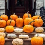 A beautifully arranged autumn pumpkin display on a luxurious front porch, featuring various sizes and types of gourds, with a welcoming doormat.