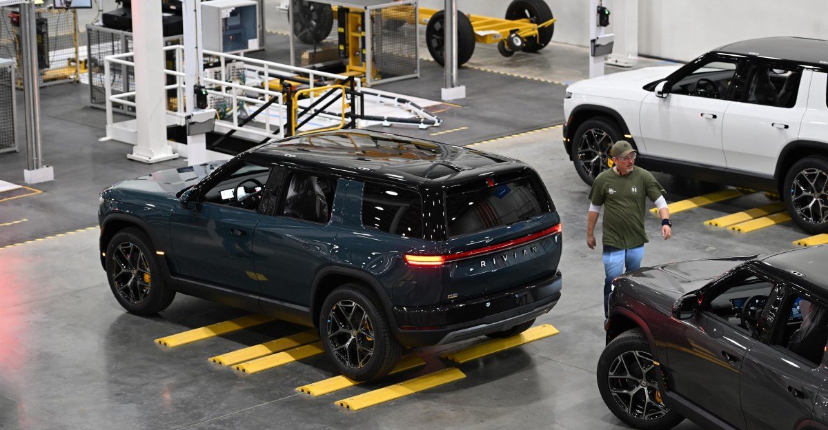 Rivian R2 electric vehicle on display, symbolizing the company's successful Q3 sales and production growth.