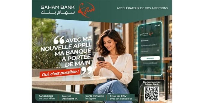 Capture d'écran de la nouvelle application mobile Saham Bank, mettant en avant son interface utilisateur moderne et l'assistant IA LiA.