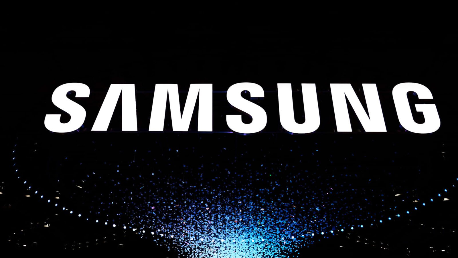 Samsung logo illuminated at Mobile World Congress, symbolizing its leadership in AI and mobile technology.