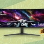 A close-up view of the Samsung 57-inch Odyssey Neo G9 ultra-wide curved gaming monitor displaying a vibrant game scene.