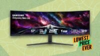 A close-up view of the Samsung 57-inch Odyssey Neo G9 ultra-wide curved gaming monitor displaying a vibrant game scene.