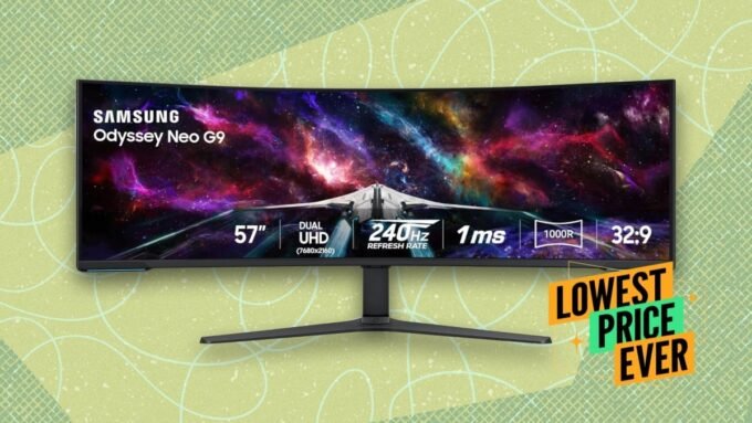 A close-up view of the Samsung 57-inch Odyssey Neo G9 ultra-wide curved gaming monitor displaying a vibrant game scene.