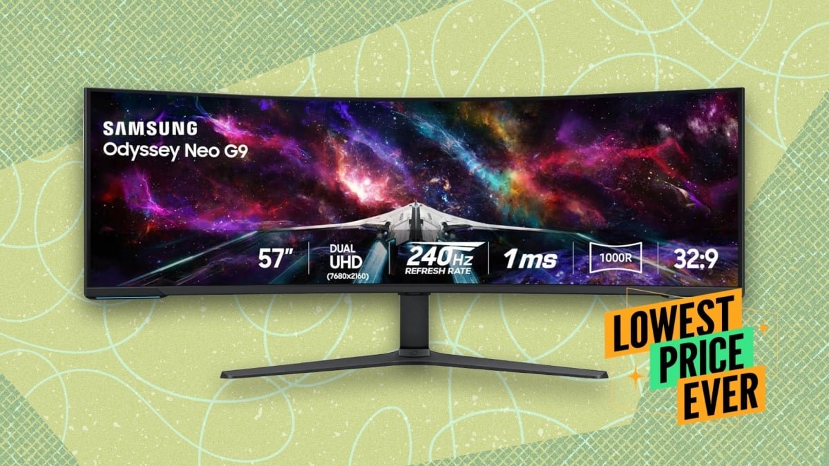 A close-up view of the Samsung 57-inch Odyssey Neo G9 ultra-wide curved gaming monitor displaying a vibrant game scene.