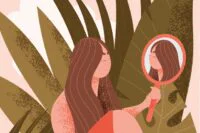 A person looking into a distorted mirror, reflecting on self-perception and identity.