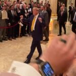 Former President Donald Trump arriving at a dinner for his NFT investors, with text indicating a similar event for memecoin holders.